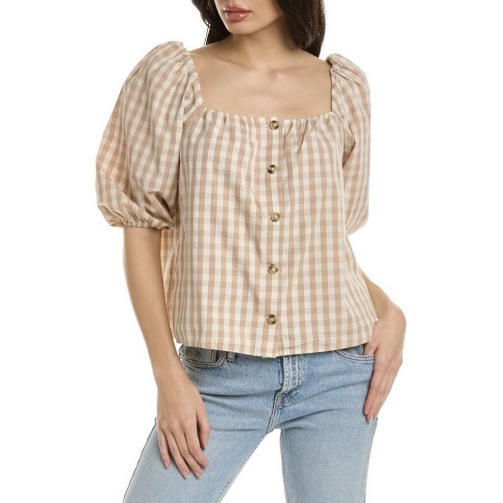 Faherty Beige Gingham Puff-Sleeve Button-Front Blouse